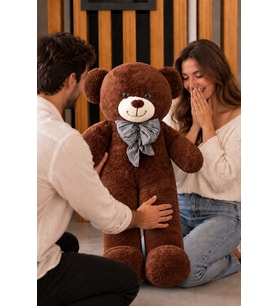 80-90 cm Rengarenk Papyonlu Premium Peluş Ayı (%100 Yerli) (Koyu Kahverengi )