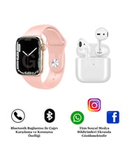 Ios ve Android Uyumlu Smart Watch 7 Akıllı Saat ve Siyah Pro 5 Bluetooth Kulaklık (Pembe)