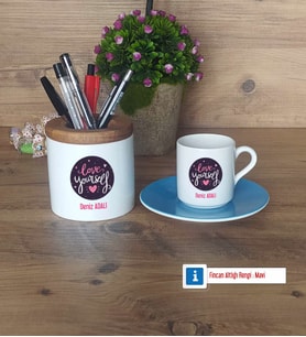 Love Yourself Hediyeleri Türk Kahvesi Fincanı Kırmızı, Kalemlik Kişiye Özel Hediye (Model 3)