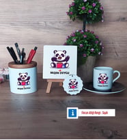 Sevimli Panda Hediye Seti Dekoratif Taş, Kalemlik, Ahşap Altlıklı Türk Kahvesi Fincanı, Ahşap Anahtarlık Hediye (Model 7)