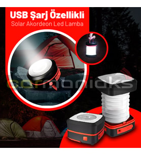 USB Şarj Özellikli Solar Akordeon Beyaz Led Kamp Lambası (Kırmızı)