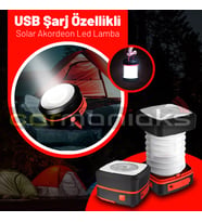 USB Şarj Özellikli Solar Akordeon Beyaz Led Kamp Lambası (Kırmızı)