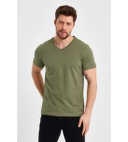 METALIC Erkek Pamuklu Kısa Kollu V Yaka T-shirt (Haki)