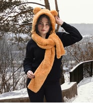 Kışa Hazır: Kapşonlu Welsoft Peluş Bere - Atkılı - Polar Boyunluk Şalı (Kahverengi)