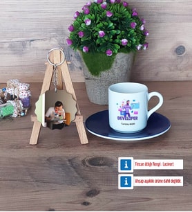 Developer Türk Kahvesi Fincanı Ahşap Altlıklı ve Fotoğraflı Ahşap Anahtarlık Hediye (Model 4)