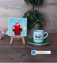 Uykucu Panda Fotoğraflı Dekoratif Taş, Ahşap Altlıklı Türk Kahvesi Fincanı Hediye (Model 9)