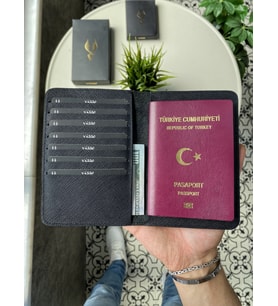 VİSSO 911 Hakiki Deri İsme Özel Pasaport Kılıfı (Siyah Cilt)