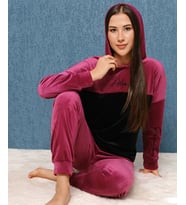 Fransız Kadife Kapüşonlu Kadın Pijama Takımı 1907-2 (Bordo)