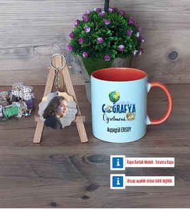 Coğrafya Öğretmeni Kupa Bardak Beyaz ve Fotoğraflı Ahşap Anahtarlık Hediye Öğretmenler Günü Hediyesi (Model 13)