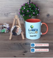 Coğrafya Öğretmeni Kupa Bardak Beyaz ve Fotoğraflı Ahşap Anahtarlık Hediye Öğretmenler Günü Hediyesi (Model 13)