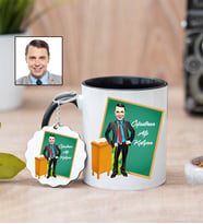 Karikatürlü Erkek Öğretmene Özel Kupa Bardak ve Anahtarlık (Siyah)