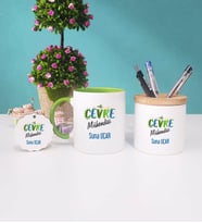 Çevre Mühendisi Kupa Bardak Kırmızı Kalemlik ve Anahtarlık (Model 8)