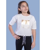 Toontoy Kız Çocuk Crop Model Kordon Detaylı Varak Baskılı Tişört (Ekru)