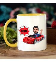 Araba Seven Erkek Karikaturlu Kupa (Sarı)