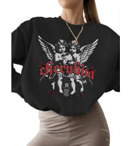 bisiklet yaka unisex erkek Sweatshirt kadın Sweatshirt Bej 3 iplik şardonlu kalın Melek grafik (Siyah)
