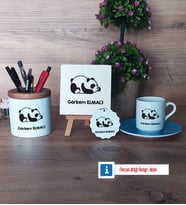 Uykucu Panda Hediye Seti Dekoratif Taş, Kalemlik, Ahşap Altlıklı Türk Kahvesi Fincanı, Ahşap Anahtarlık Hediye (Model 5)