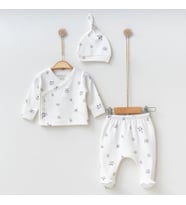 BabyŞen %100 Organik Pamuk Desenli 0-3 Ay 3'lü Bebek Takım & Seti (Beyaz)