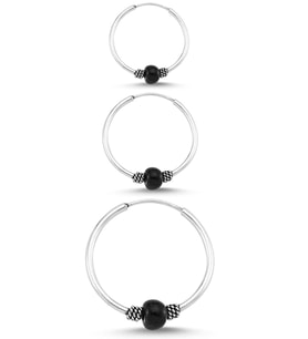 Boncuklu Gümüş Halka Küpe Kombin 10mm + 12mm + 16mm wsk09t (Siyah)
