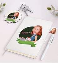 BK Gift Kişiye Özel Bayan En İyi Öğretmen Karikatürlü Siyah Defter Kalem Ve Anahtarlık Hediye Seti-1 (Model 2)