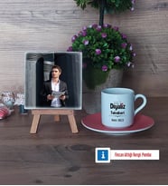 Diyaliz Teknikeri Fotoğraflı Dekoratif Taş, Ahşap Altlıklı Türk Kahvesi Fincanı Hediye (Model 6)
