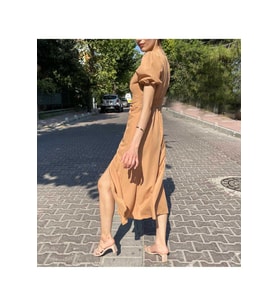 Kadın Poplin Yırtmaçlı Helen Elbise (Vizon)