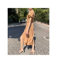 Kadın Poplin Yırtmaçlı Helen Elbise (Vizon)