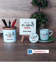 Din Kültürü Öğretmeni Hediye Seti Dekoratif Taş, Kalemlik, Ahşap Altlıklı Türk Kahvesi Fincanı, Ahşap Anahtarlık Hediye (Model 9)