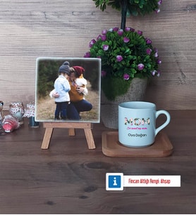 Anneye Hediye Fotoğraflı Dekoratif Taş, Ahşap Altlıklı Türk Kahvesi Fincanı Hediye (Model 1)