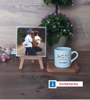 Anneye Hediye Fotoğraflı Dekoratif Taş, Ahşap Altlıklı Türk Kahvesi Fincanı Hediye (Model 1)