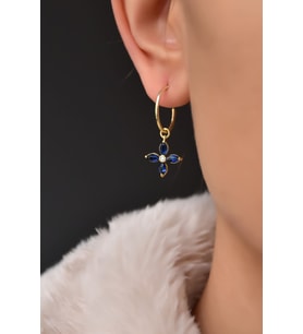Papatya Silver 925 Ayar Gümüş Gold Kaplama Zirkon Taşlı Plumeria Halka Küpe (Lacivert)