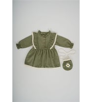 KIZ BEBEK UZUN KOL PAPATYA DESENLİ ÇANTALI ELBİSE (Yeşil)