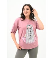 Kadın Büyük Beden Düşük Omuz Oversize T-shirt 1773-1-24 (Pembe)