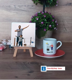 Babalar Günü Hediyesi Fotoğraflı Dekoratif Taş, Ahşap Altlıklı Türk Kahvesi Fincanı Hediye Babaya Doğum Günü Hediyesi (Model 8)