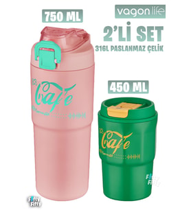 Vagonlife 2'li Çelik Termos-Kahve Bardağı Seti 750ML Çift Kullanım Termos//450ML Mug Kahve Bardağı (Yeşil-Pudra)