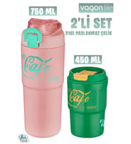 Vagonlife 2'li Çelik Termos-Kahve Bardağı Seti 750ML Çift Kullanım Termos//450ML Mug Kahve Bardağı (Yeşil-Pudra)