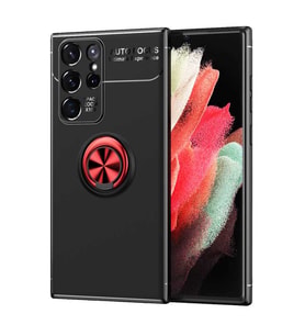 Galaxy S22 Ultra Kılıf Zore Ravel Yüzüklü Silikon Kılıf (Siyah-Kırmızı)