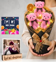 Doğum Günü Hediyesi Led Işıklı Fotoğraflı Pembe Peluş Ayıcıklı Büyük Boy Ayıcık Buketi