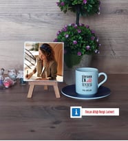 Teyzeye Hediye Fotoğraflı Dekoratif Taş, Ahşap Altlıklı Türk Kahvesi Fincanı Hediye (Model 4)