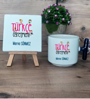 Türkçe Öğretmeni Hediye Seti Kupa Bardak T Kulplu ve Dekoratif Taş Öğretmenler Günü Hediyesi (Model 2)