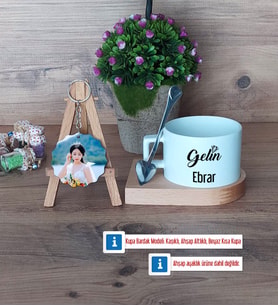 Gelin Kupa Bardak Beyaz ve Fotoğraflı Ahşap Anahtarlık Hediye (Model 8)