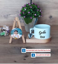 Gelin Kupa Bardak Beyaz ve Fotoğraflı Ahşap Anahtarlık Hediye (Model 8)
