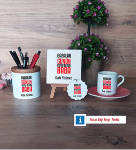 Babalar Günü Hediyesi Hediye Seti Dekoratif Taş, Kalemlik, Ahşap Altlıklı Türk Kahvesi Fincanı, Ahşap Anahtarlık Hediye Babaya Hediye (Model 6)