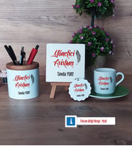 Yönetici Asistanına Hediye Hediye Seti Dekoratif Taş, Kalemlik, Ahşap Altlıklı Türk Kahvesi Fincanı, Ahşap Anahtarlık Hediye (Model 9)