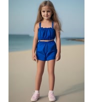 Kız Bebek Düz Renk Crop Şort Set (Mavi)
