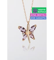 Jewelmim Mor Gümüş Kelebek Kolye Rose Altın Kaplama Bayan Kelebekli 925 Ayar Kadın Gümüş Kelebek Kolyesi (Rose)