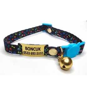 Güvenlik kilitli ( safety click ) Kedi tasması, kedi künyesi, kedi isimlik, sallanmayan kedi künyesi, isimli kedi tasması (Siyah-Mavi)