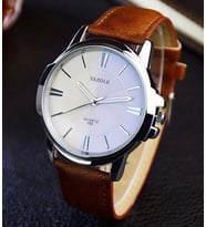 Yazole Erkek Kol Saati Siyah Deri Kordon lu Şık Moda Trend saat (Beyaz - Kahverengi)