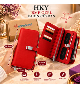 HKY Çok Kullanışlı İsme Özel Büyük Boy Kadın Cüzdan (Kırmızı)