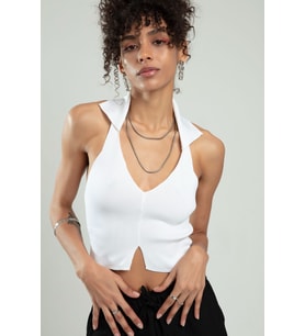 Sifu Tekstil  Kadın Spor V Açmalı Triko Polo Yaka Crop Top Büstiyer SFYZ1008 (Beyaz)