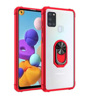 Samsung Galaxy A21S Kılıf Şeffaf Sararmaz Yüzüklü Mola Kapak (Kırmızı)